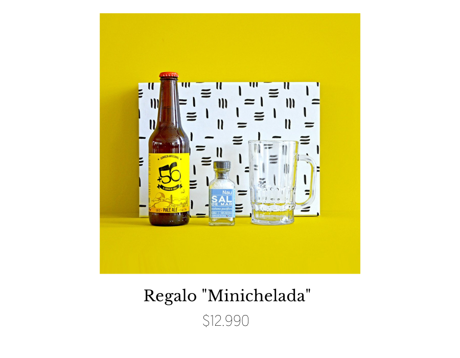 caja regalo mercado wibai minichelada cerveza artesanal +56 con sal sobre fondo amarillo