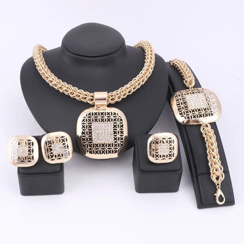 4PC Gold Plated Stainless Cushion Filigree Jewelry Set