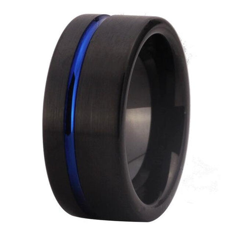 Blue Off Center Accent Black Matte Tungsten Ring