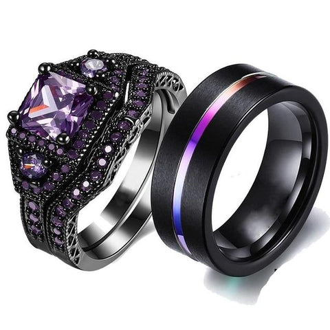 3PC Cushion-Cut Purple Zirconia Abalone Inlay Black Stainless Ring Set