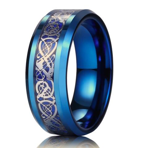 Blue Carbon Fiber Silver Celtic Dragon Inlay Wedding Band