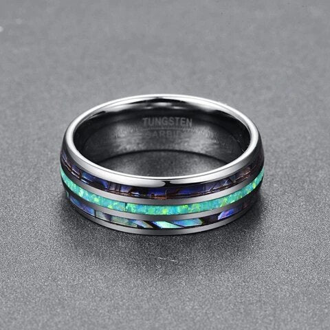 Silver Tungsten Carbide with Blue and Green Abalone Shell
