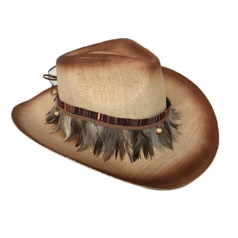 Feathered Straw Cream & Brown Brimmed Cowgirl Hat