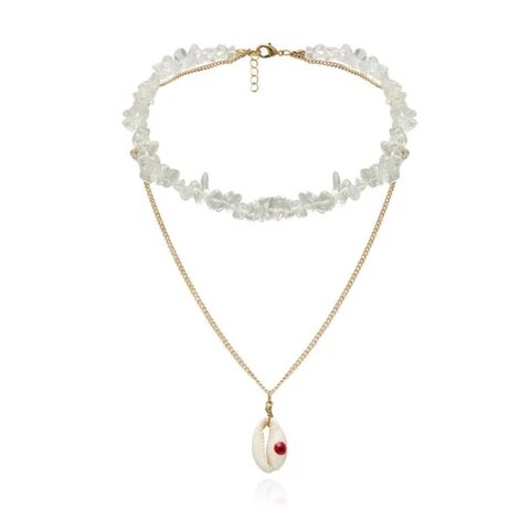 Double Layered White Crystal Choker Gold Chain Puka Pendant Necklace