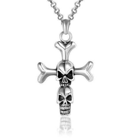 Double Skull Totem Cross Bone Titanium Necklace