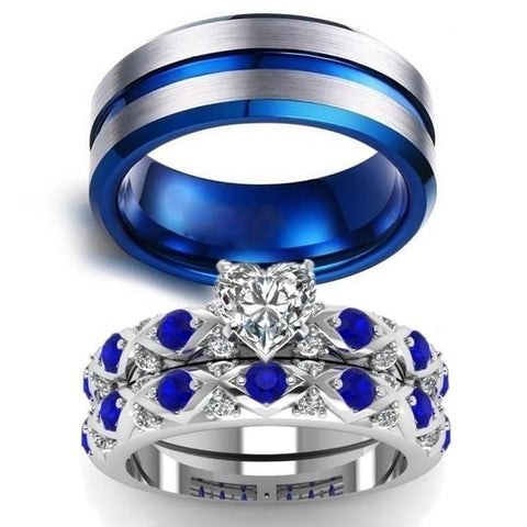 3PC Crisscross Blue & Silver Stainless Steel Wedding Ring Set