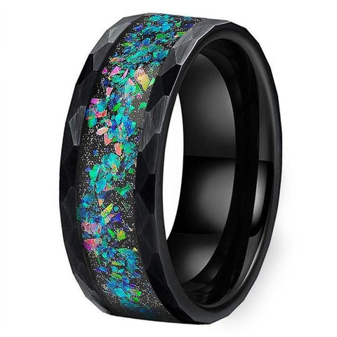 Black Opal Inlay Prism Edge Black Tungsten Carbide Ring 