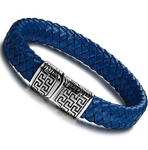 Interwoven Glossy Blue Leather Tribal Engraved Bracelet 