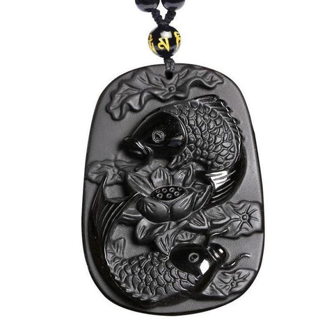 Love Koi Lotus Emblem Obsidian Pendant Bead Necklace