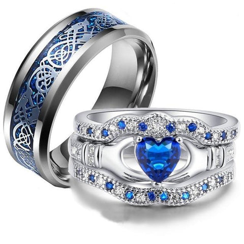 3PC Blue Crystal Celtic Dragon Silver Tungsten Ring Set