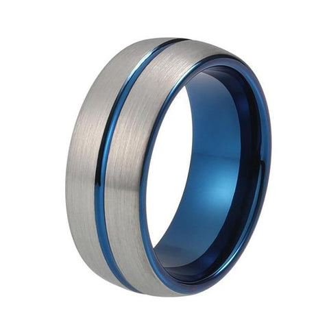 Silver Brushed Dome Top Blue Tungsten Carbide Ring (