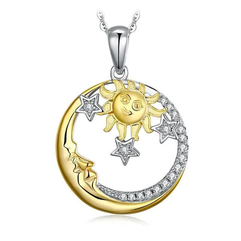 Gold & Silber Star Sun Moon Sterling Silver Pendant Necklace