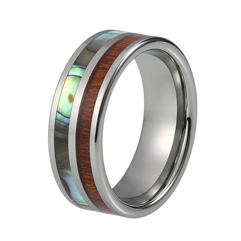 Off-center Brown Wood Abalone Shell Tungsten Ring