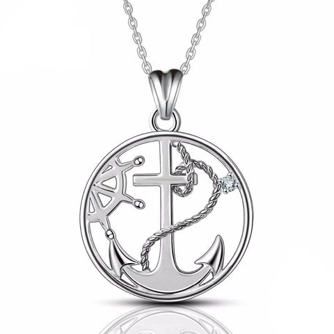 Marriage Anchor Ship's Wheel Crystal Sterling Silver Pendant Necklace