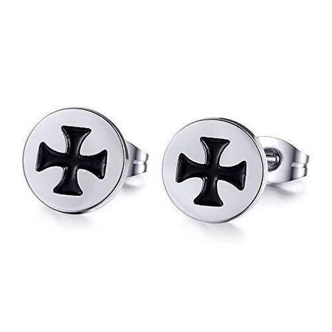 Cross Patee Black Engraved Stainless Steel Stud Earring