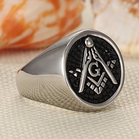 Stainless Steel Silver and Black Embossed Masonic Ring