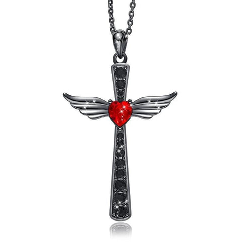 Black Crystal Pave Red Heart Winged Cross Necklace