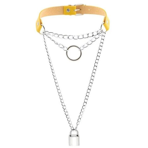 Three Layer Chain Lock & Ring Pendant Choker Necklace