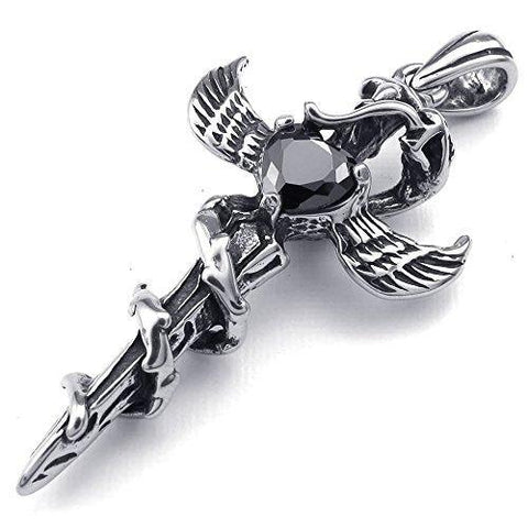 Winged Skeleton Snake Cross Dagger Steel Necklace