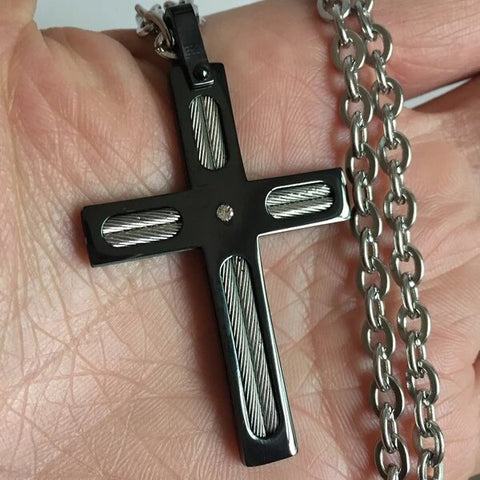 Black Plated Stainless Steel Titanium Wire Cross Pendant Necklace