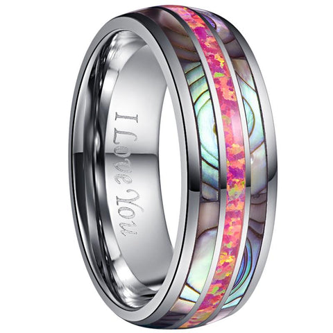 Pink Opal Abalone Tungsten Carbide Ring 