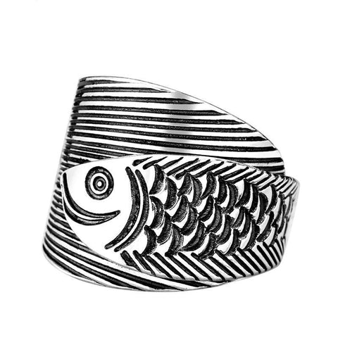 990 Silver Fish Engraved Statement Ring