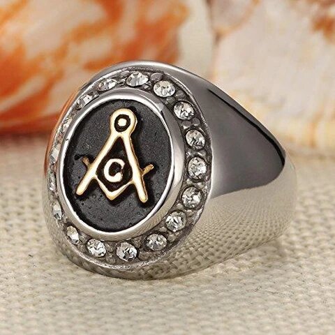 Stainless Steel with Gold Plated Masonic Logo and Cubic Zirconia