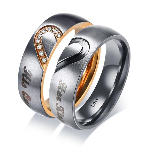 Stainless Steel Engraved Gold Black Heart Cubic Zirconia Couple Ring