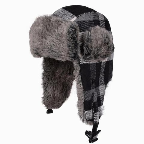 Tweed Plaid Fur Hat with Adjustable Chin Strap
