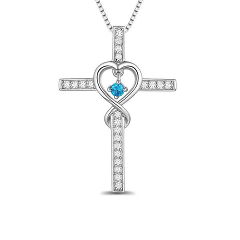 Infinity Heart Cross Blue Crystal Drop Silver-Tone Necklace 
