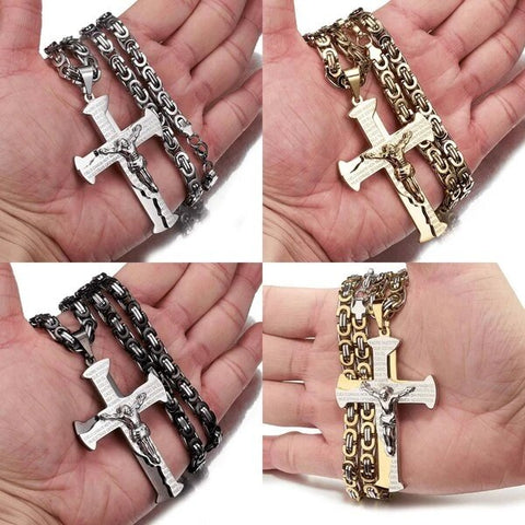 Stainless Steel Two-Tone Crucifixion Necklace Byzantine Chain