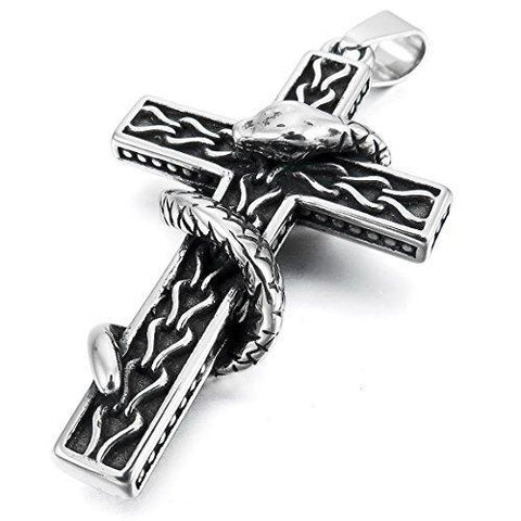 Black & Silver Christian Cross Snake Necklace Coiled