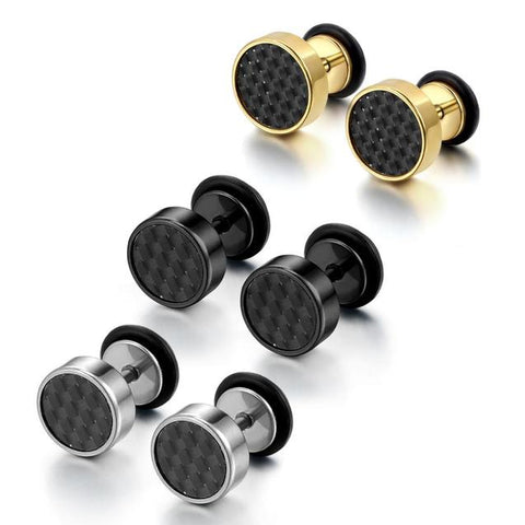 3 Sets Round Carbon Fiber Plated Stainless Stud Earrings