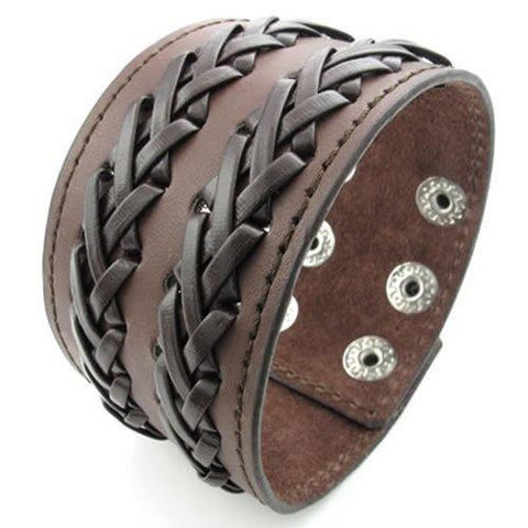 Double Braided Wide Brown Leather Bracelet