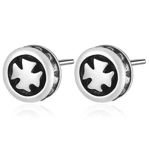 Black & Silber Maltese Cross Round Stud Earring