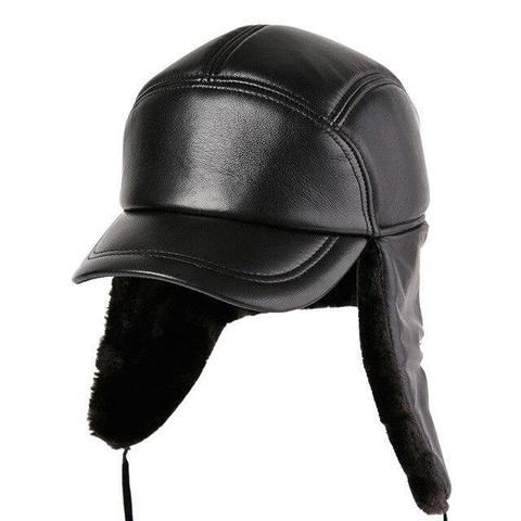 Faux Black Leather Aviator Hat with Visor