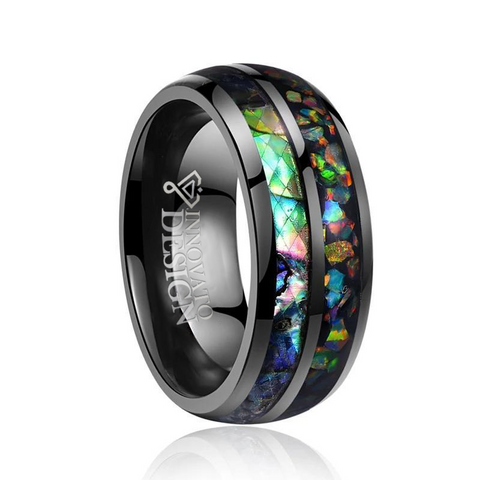 Men's Mosaic Simulated Black Opal Black Tungsten Ring