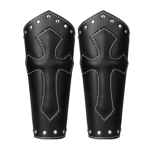 Black Medieval Stitched Cross Silver Stud Leather Armguard