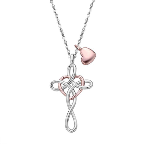 Two-Tone Infinity Knot Cross Heart Charm Necklace