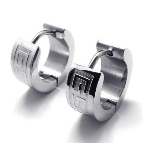 Men's Stainless Steel Greek Key Engraved Huggie Earring