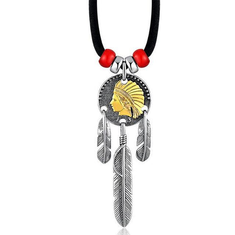 Native American Chief Sterling Silver Bead Feather Necklace 