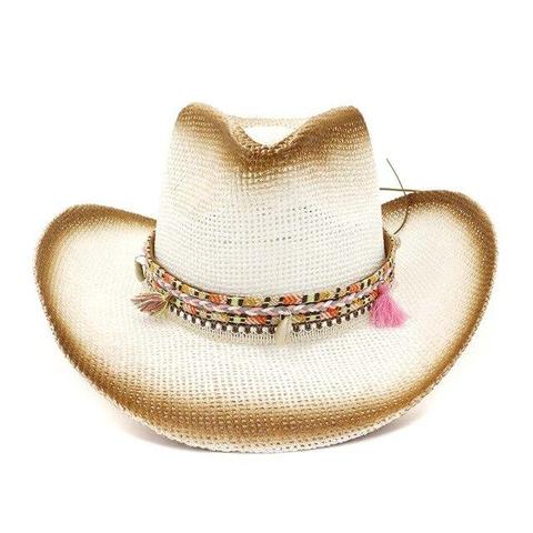 Sprayed Brown Straw Floppy Laced Tassel Cowgirl Hat (4 Available Colors)