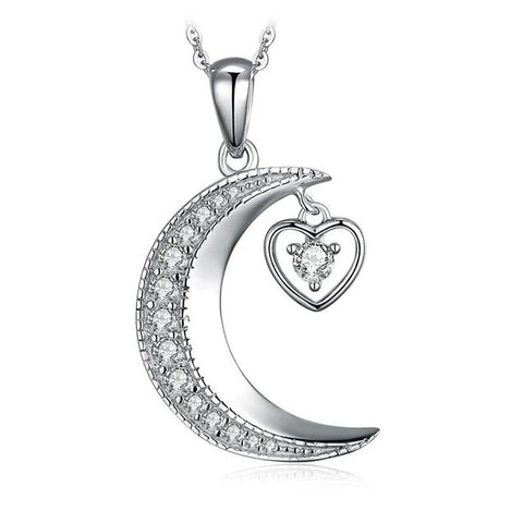 Crescent Moon Heart Crystal Pendant Necklace