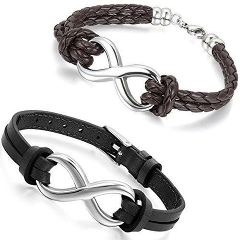 2-PC Stainless Infinity Leather Bracelet Set 