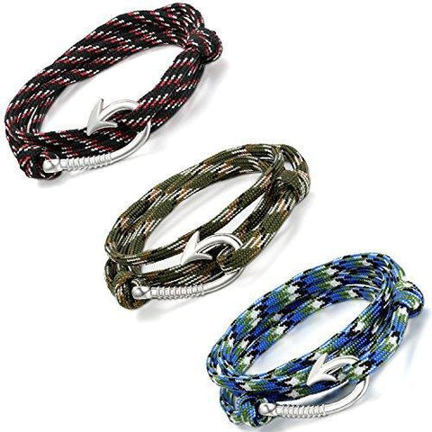 Silver Tone Fishhook Military Rope Wrap Bracelet 