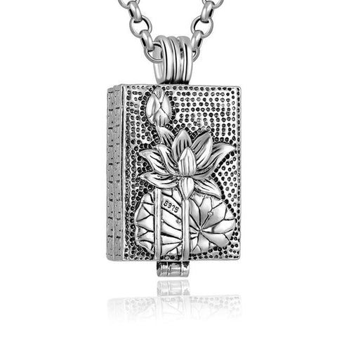 Lotus Sutra Scroll Box Locket Pendant Sterling Silver Necklace