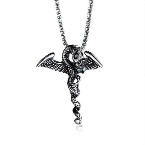 3D Twisted Winged Serpent Dragon Steel Necklace 