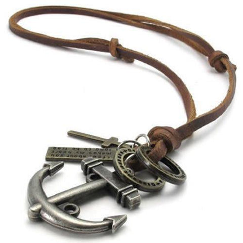 Adjustable Brown Leather Strap Anchor Ring Christian Cross Charm Necklace  