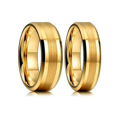 Brushed Center Gold Plated Tungsten Carbide Wedding Ring Set 