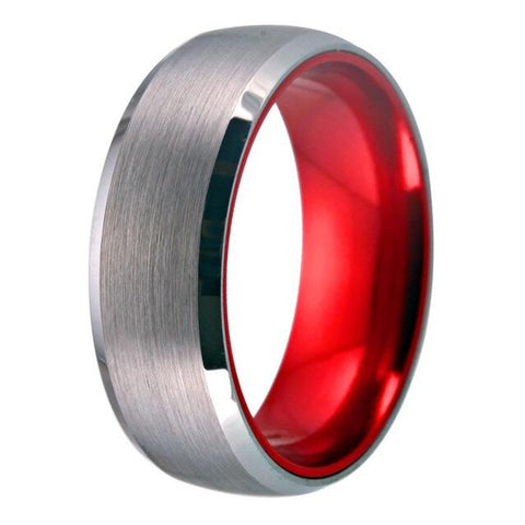 Soft Brushed Silver & Red Tungsten Wedding Band 